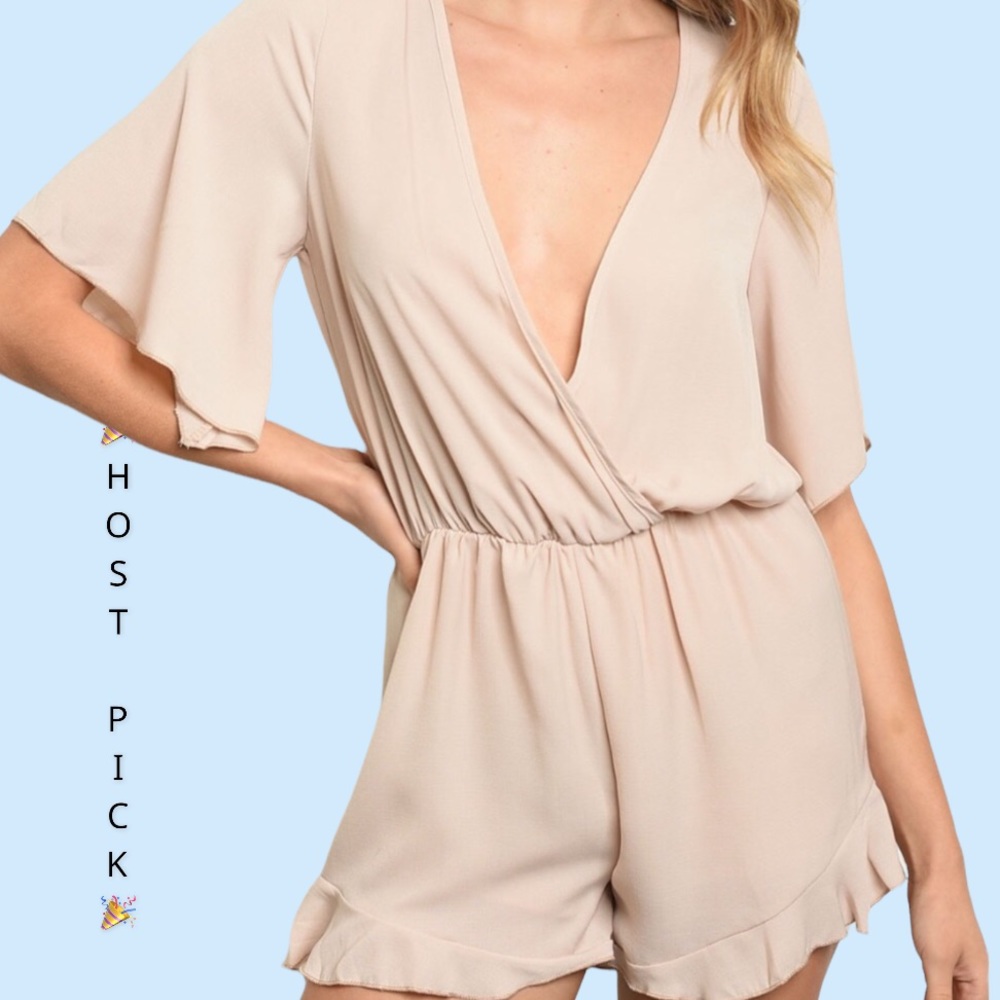 SAND BEIGE FLUTTER SHORT SLEEVE ROMPER - Picture 1 of 7